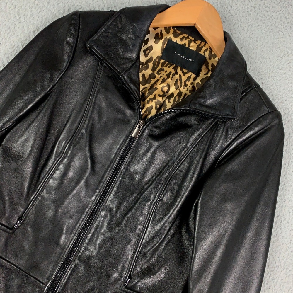 Tahari Lamb Leather Jacket Womens XS Black Leopard Print Lining Moto Peplum